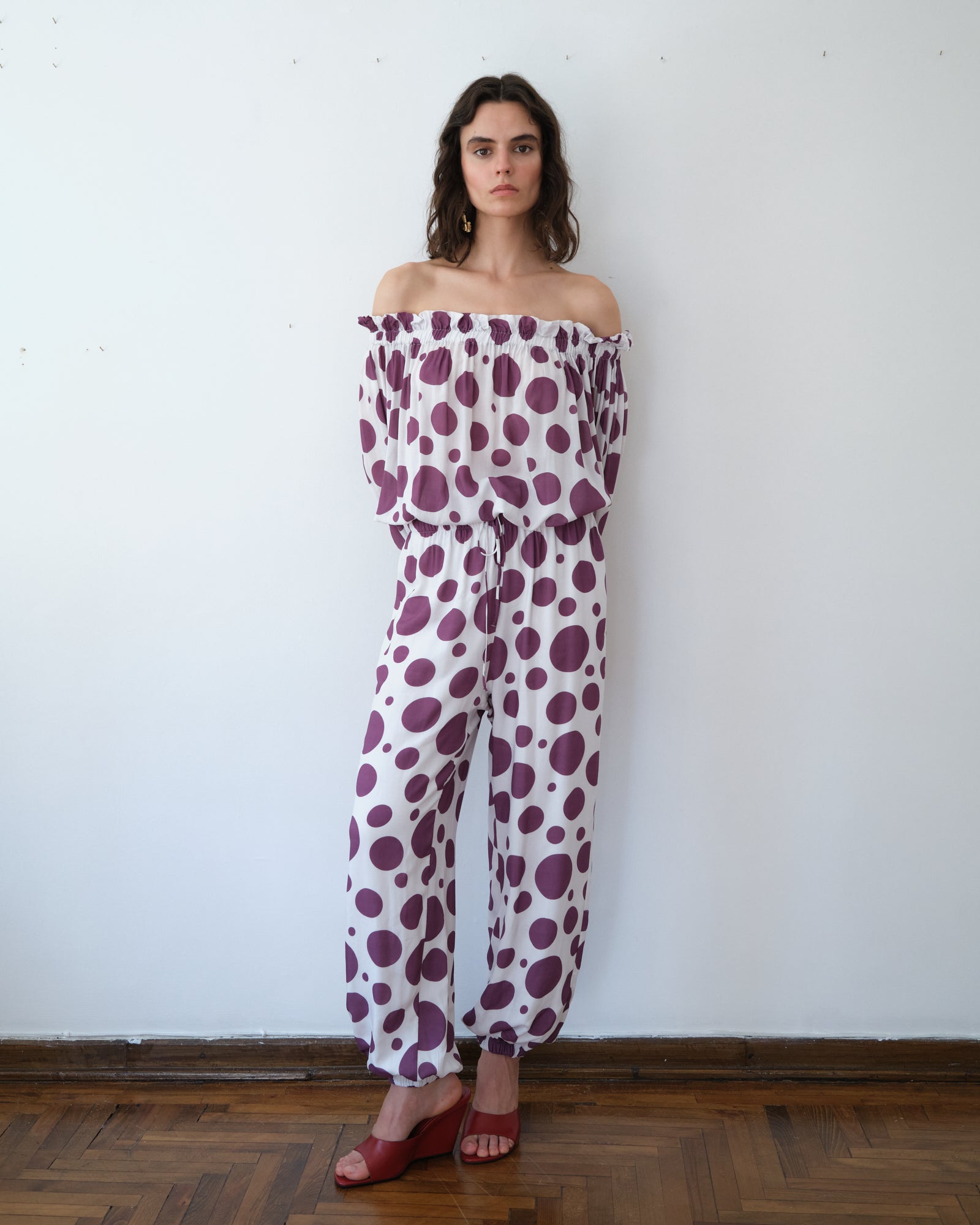 Off Shoulder Blouse Purple Dot