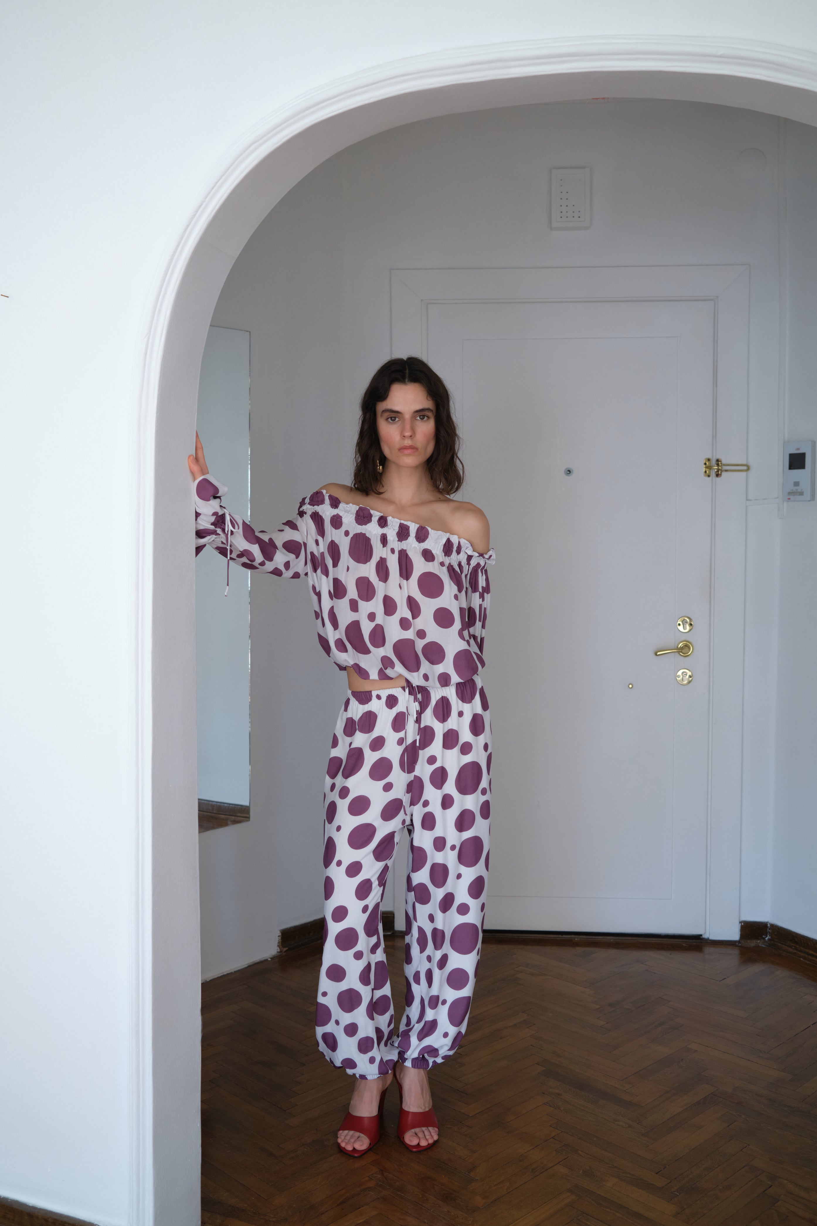 Off Shoulder Blouse Purple Dot